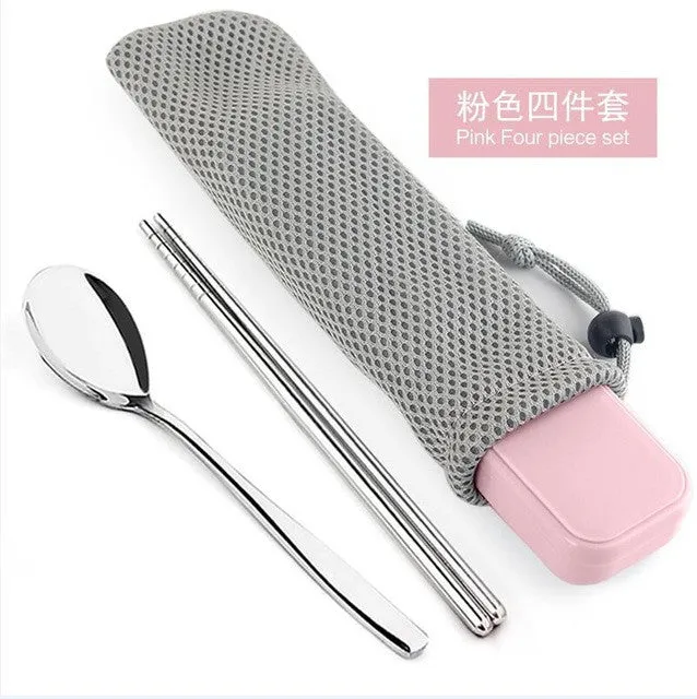 New Arrival Portable Stainless Steel Dinnerware Sets Travel Picnic Chinese Tableware Chopsticks Spoon Fork For Kids School Gifts