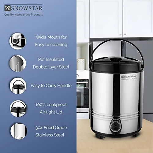 Snowstar Hot and Cold Water Dispenser for Office Kitchen - 8 Liters, Silver - Double Walled PUF Insulated Stainless Steel Water Jug/Containers with Tap - Easy to Carry Handle, Durable & Sturdy