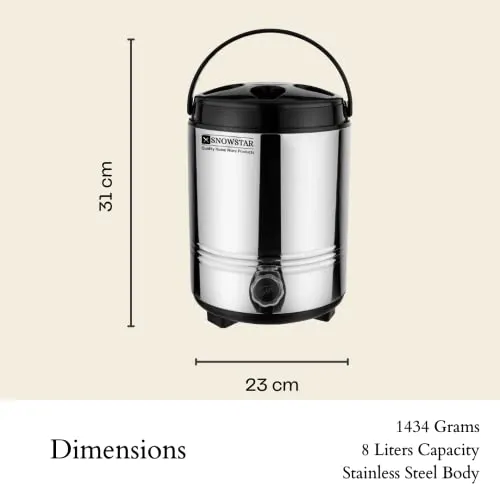 Snowstar Hot and Cold Water Dispenser for Office Kitchen - 8 Liters, Silver - Double Walled PUF Insulated Stainless Steel Water Jug/Containers with Tap - Easy to Carry Handle, Durable & Sturdy