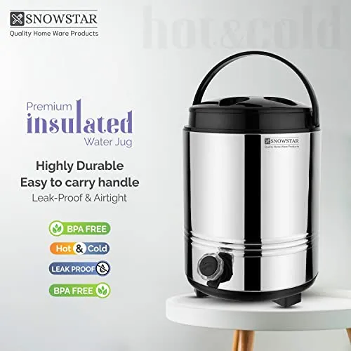 Snowstar Hot and Cold Water Dispenser for Office Kitchen - 8 Liters, Silver - Double Walled PUF Insulated Stainless Steel Water Jug/Containers with Tap - Easy to Carry Handle, Durable & Sturdy