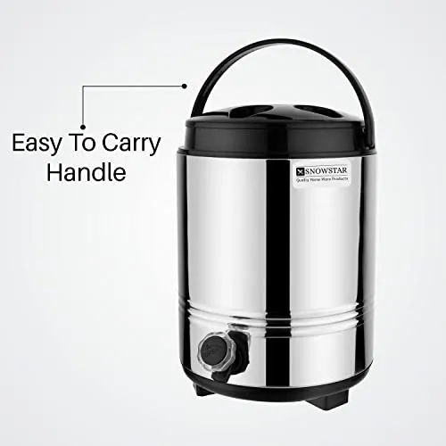 Snowstar Hot and Cold Water Dispenser for Office Kitchen - 8 Liters, Silver - Double Walled PUF Insulated Stainless Steel Water Jug/Containers with Tap - Easy to Carry Handle, Durable & Sturdy