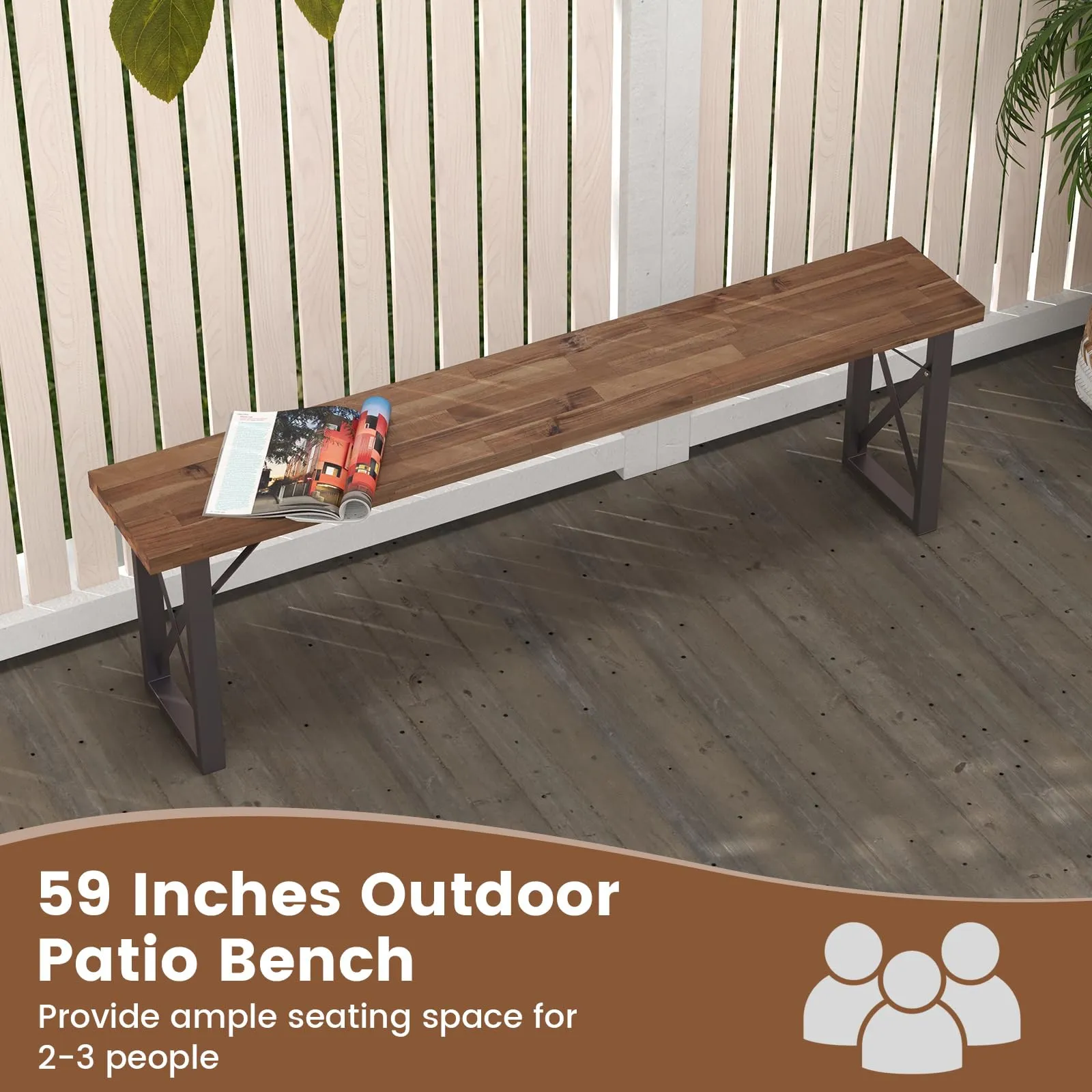 Tangkula 2 Pack Acacia Wood Outdoor Bench, 59 Inches Patio Bench with Metal Frame, 800 LBS Max Load