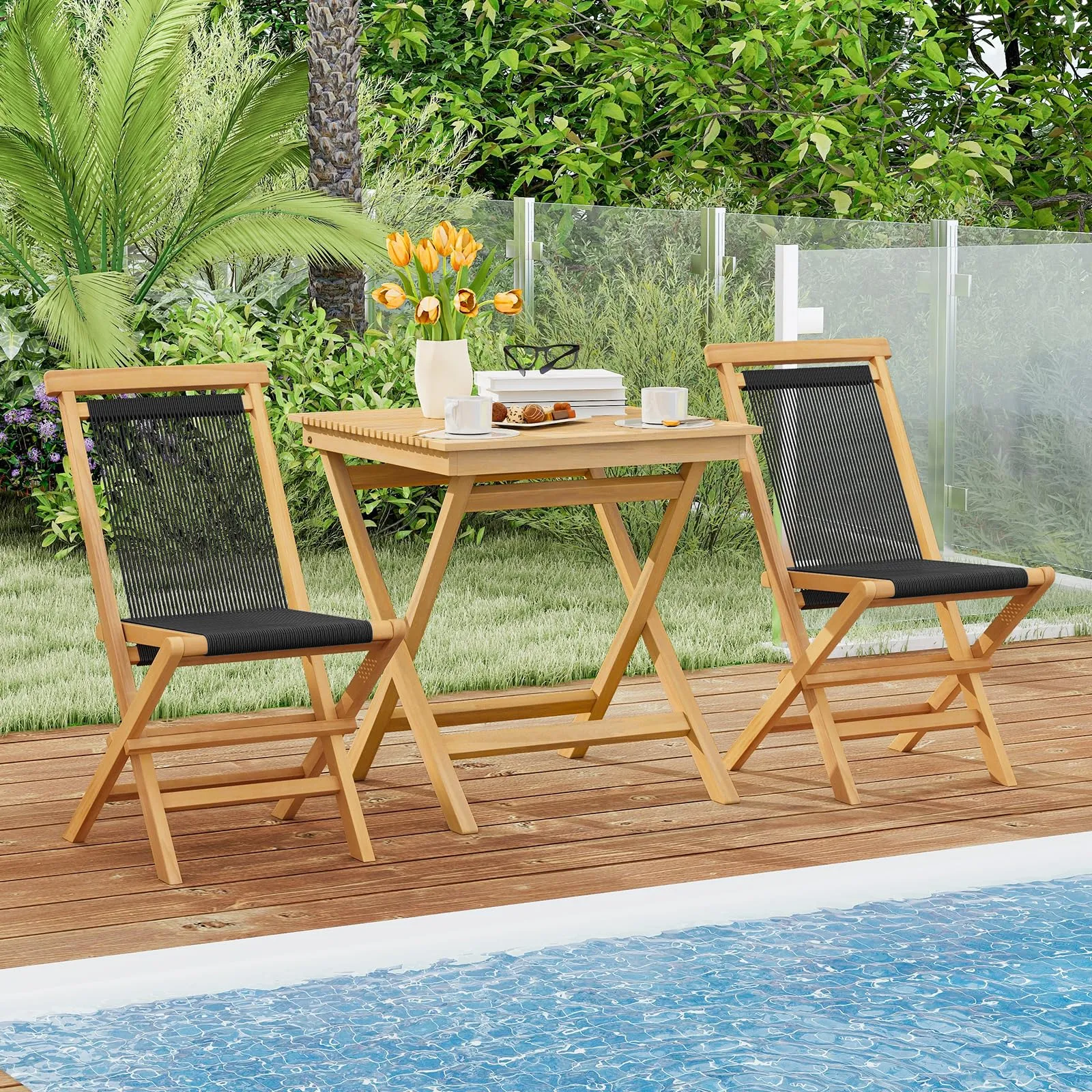 Tangkula 3-Piece Patio Bistro Set, Teak Wood Square Coffee Table & Folding Chairs Set of 2