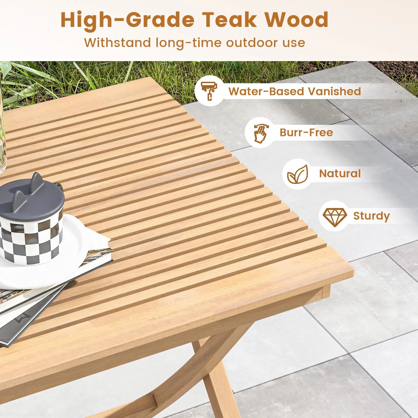 Tangkula 3-Piece Patio Bistro Set, Teak Wood Square Coffee Table & Folding Chairs Set of 2