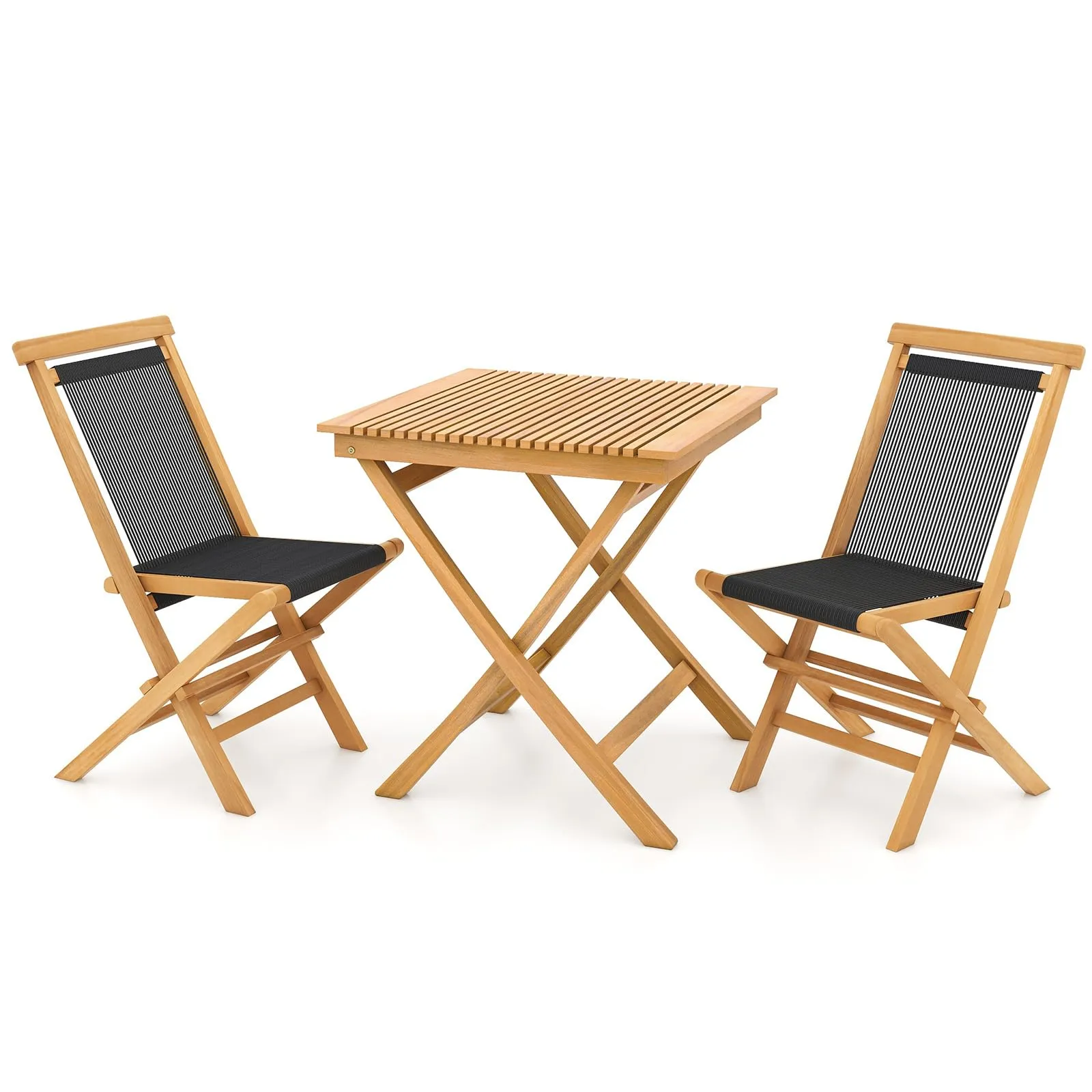 Tangkula 3-Piece Patio Bistro Set, Teak Wood Square Coffee Table & Folding Chairs Set of 2