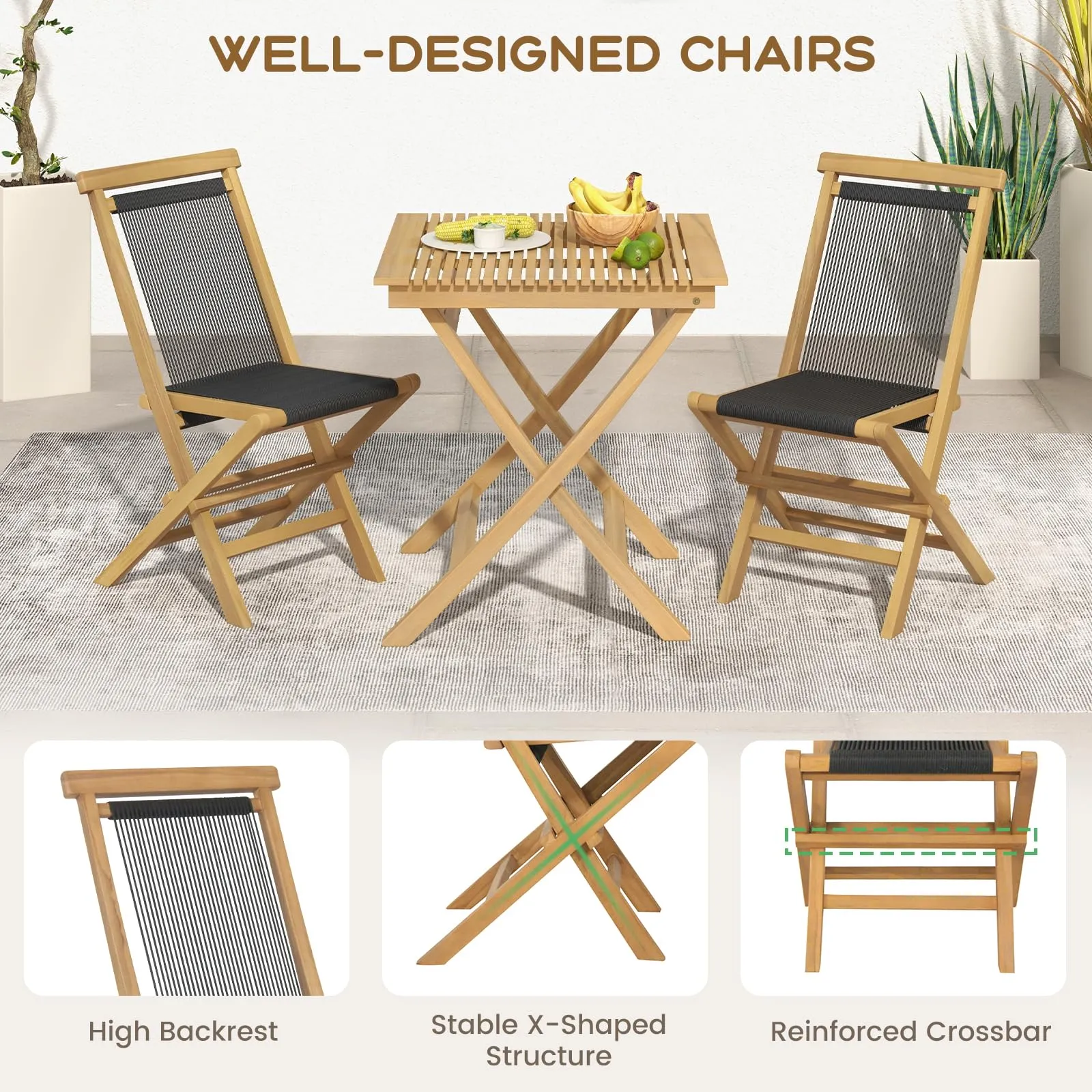 Tangkula 3-Piece Patio Bistro Set, Teak Wood Square Coffee Table & Folding Chairs Set of 2