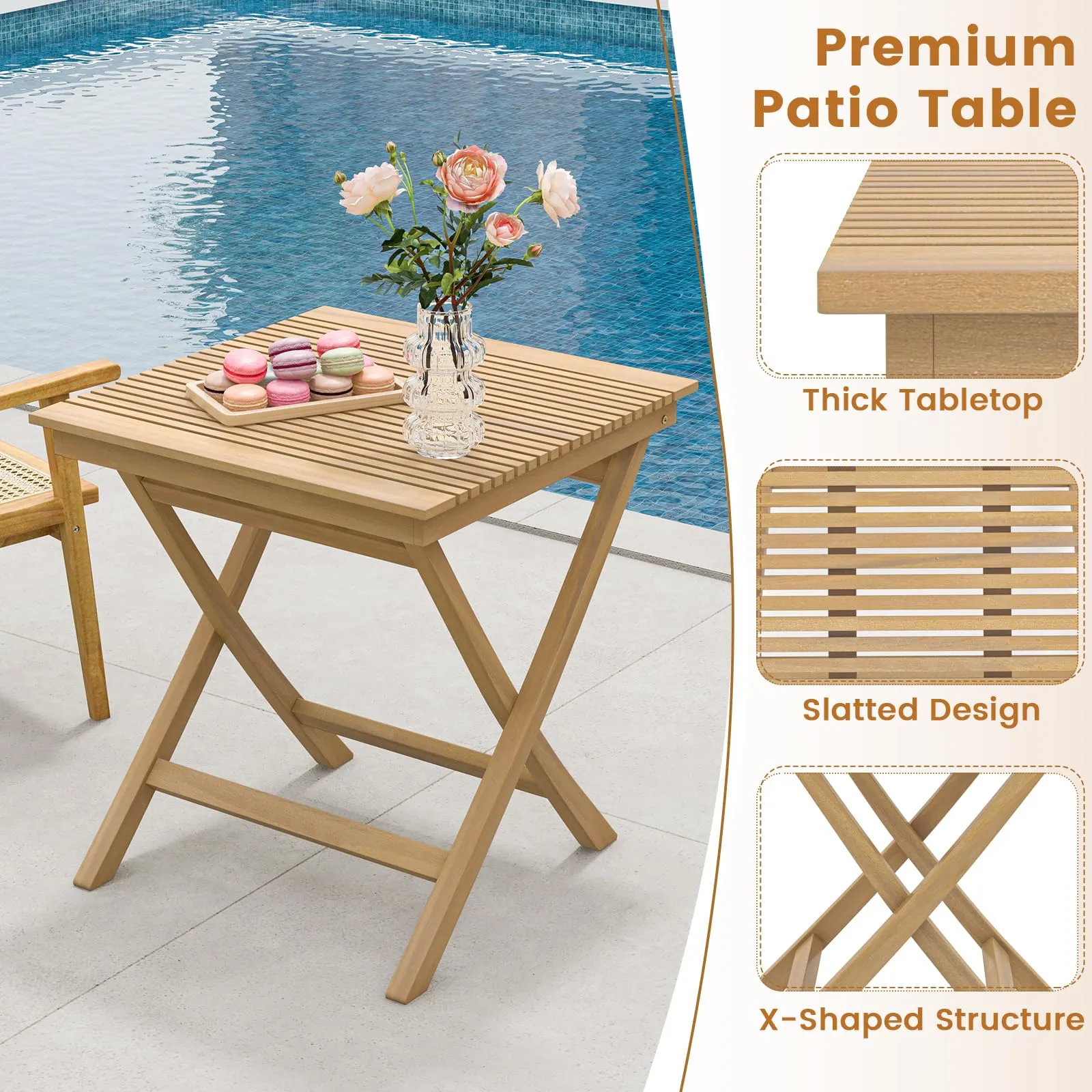 Tangkula 3-Piece Patio Bistro Set, Teak Wood Square Coffee Table & Folding Chairs Set of 2