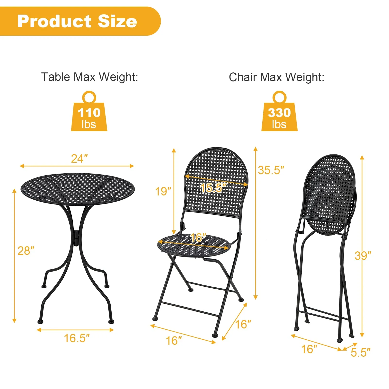 Tangkula 3 Pieces Patio Bistro Set, Metal Table and Folding Chair Set for 2