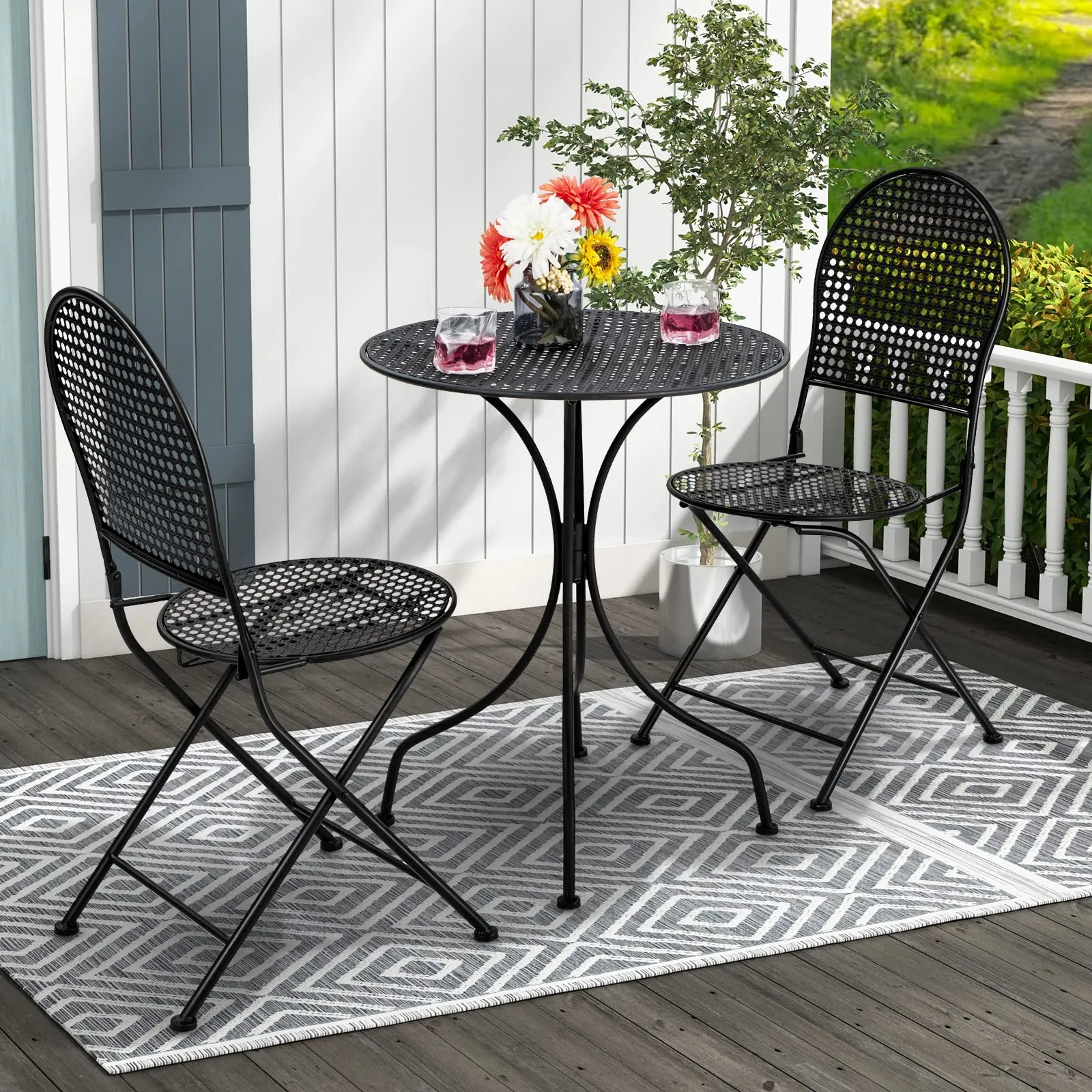 Tangkula 3 Pieces Patio Bistro Set, Metal Table and Folding Chair Set for 2