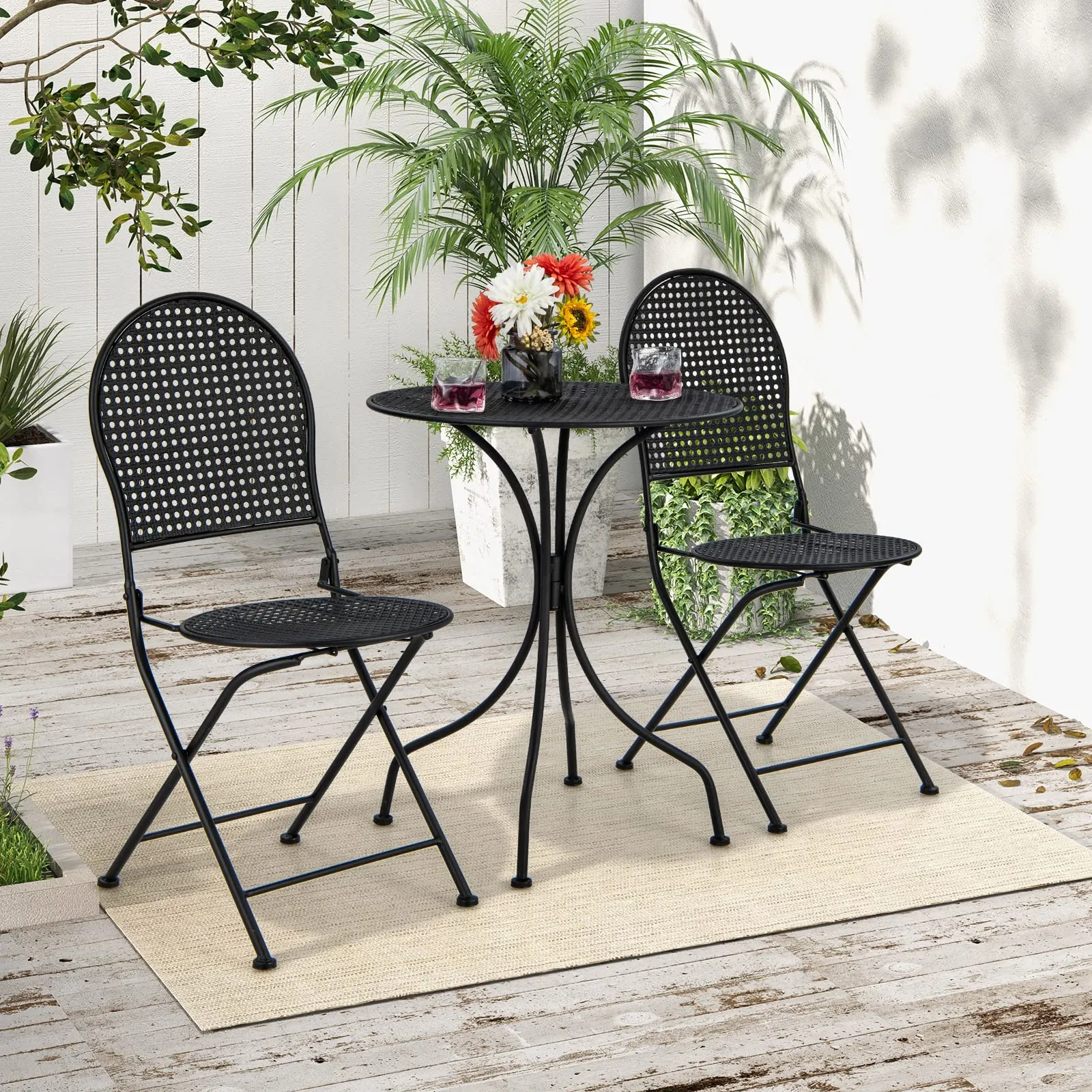 Tangkula 3 Pieces Patio Bistro Set, Metal Table and Folding Chair Set for 2