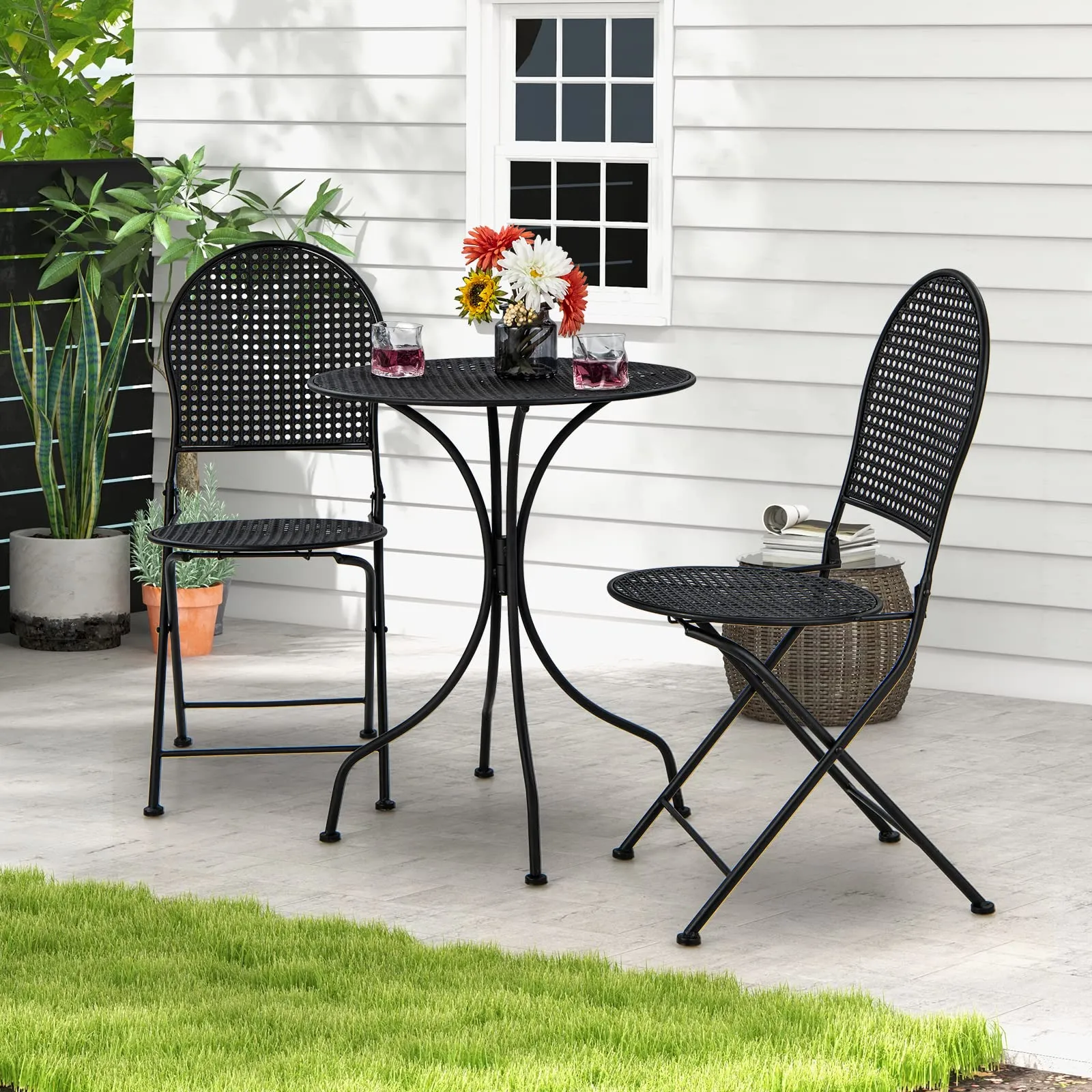 Tangkula 3 Pieces Patio Bistro Set, Metal Table and Folding Chair Set for 2