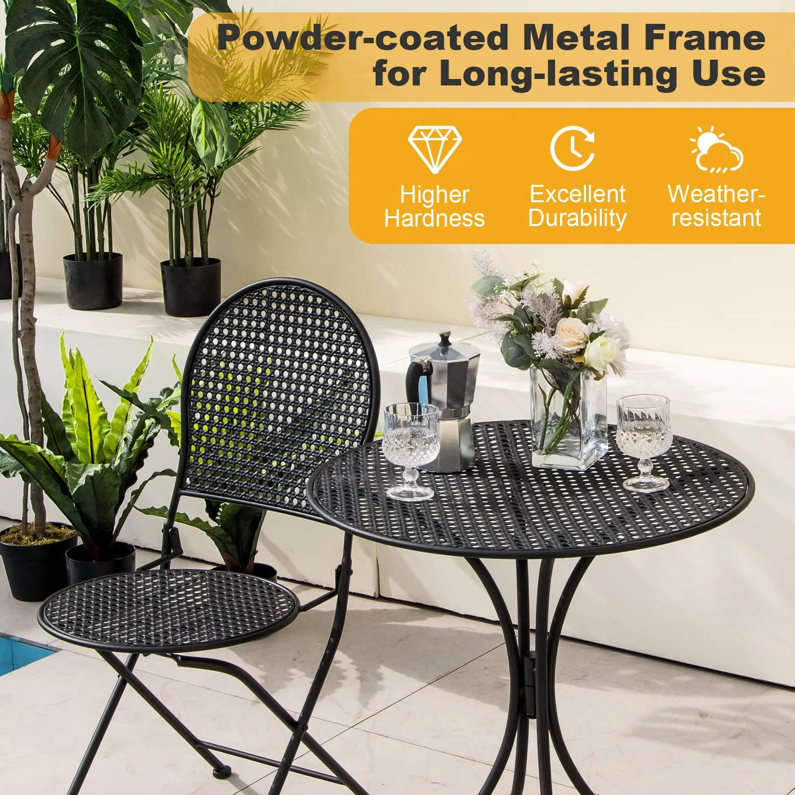 Tangkula 3 Pieces Patio Bistro Set, Metal Table and Folding Chair Set for 2