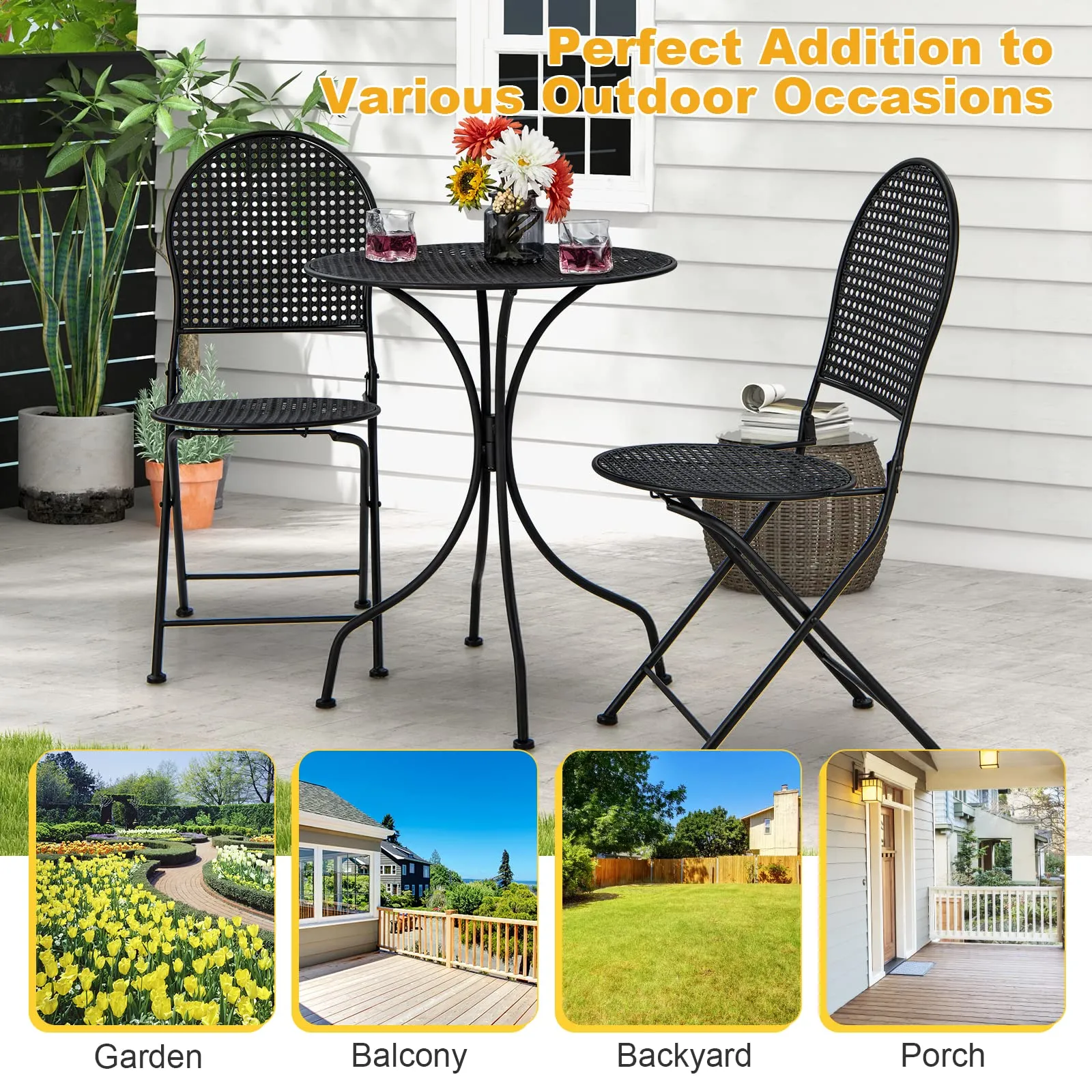 Tangkula 3 Pieces Patio Bistro Set, Metal Table and Folding Chair Set for 2