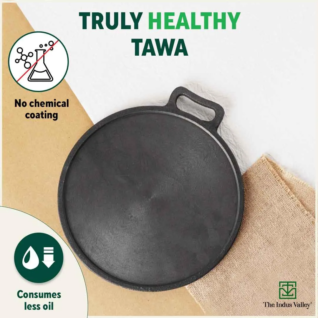 The Indus Valley Super Smooth Cast Iron Tawa for Dosa/Chapathi   Free Wooden Spatula | 30.4cm/12 inch, 3.1kg | Induction Friendly | Naturally Nonstick, 100% Pure & Toxin-Free, No Chemical Coating