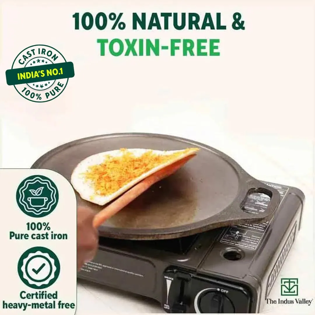 The Indus Valley Super Smooth Cast Iron Tawa for Dosa/Chapathi   Free Wooden Spatula | 30.4cm/12 inch, 3.1kg | Induction Friendly | Naturally Nonstick, 100% Pure & Toxin-Free, No Chemical Coating