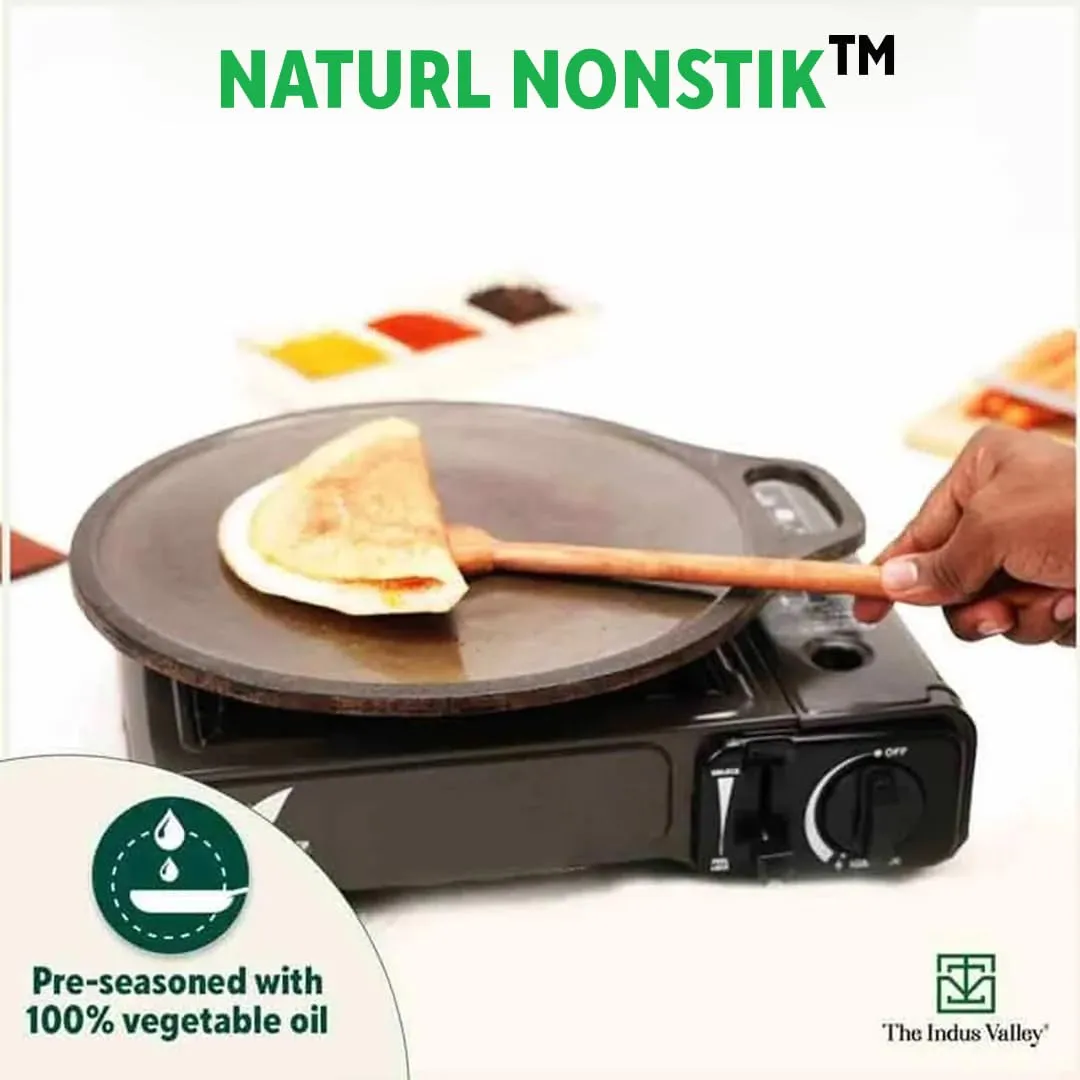 The Indus Valley Super Smooth Cast Iron Tawa for Dosa/Chapathi   Free Wooden Spatula | 30.4cm/12 inch, 3.1kg | Induction Friendly | Naturally Nonstick, 100% Pure & Toxin-Free, No Chemical Coating