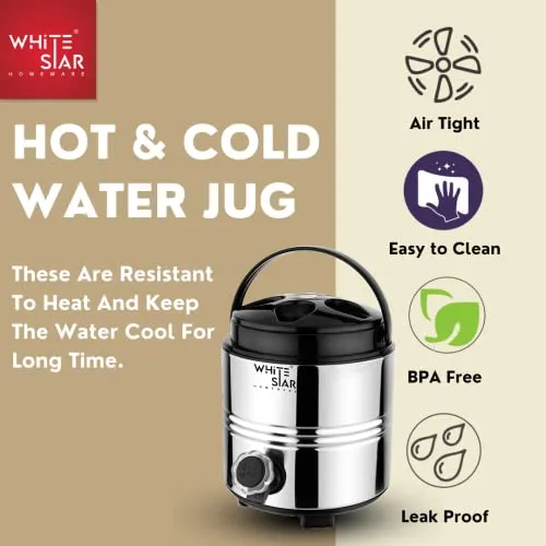 WHITESTAR Stainless Steel Travel Water Jug with Tap, Easy to Carry Handle I Hot and Cold Water Dispenser 3 Liters for Office Home Kitchen I PUF Insulated Wate Jug with Sturdy Base