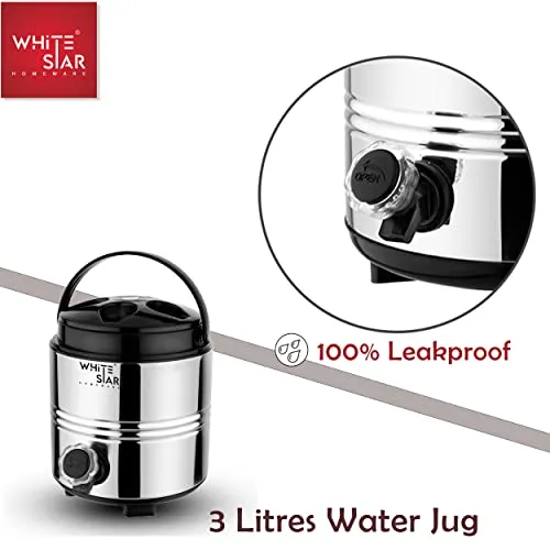 WHITESTAR Stainless Steel Travel Water Jug with Tap, Easy to Carry Handle I Hot and Cold Water Dispenser 3 Liters for Office Home Kitchen I PUF Insulated Wate Jug with Sturdy Base