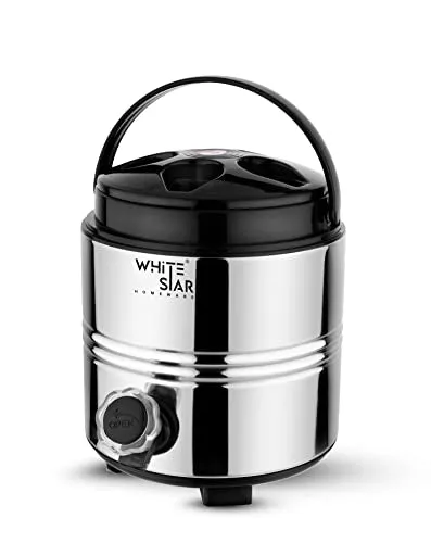 WHITESTAR Stainless Steel Travel Water Jug with Tap, Easy to Carry Handle I Hot and Cold Water Dispenser 3 Liters for Office Home Kitchen I PUF Insulated Wate Jug with Sturdy Base