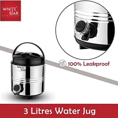 WHITESTAR Stainless Steel Travel Water Jug with Tap, Easy to Carry Handle I Hot and Cold Water Dispenser 3 Liters for Office Home Kitchen I PUF Insulated Wate Jug with Sturdy Base